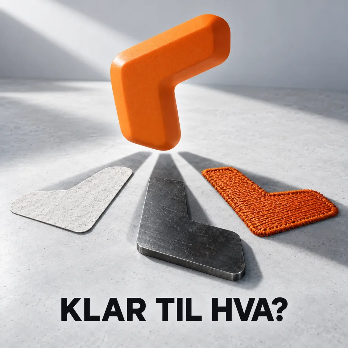 Et oransje logomerke med tre ulike materialformer under: papir, metall og broderitråd.