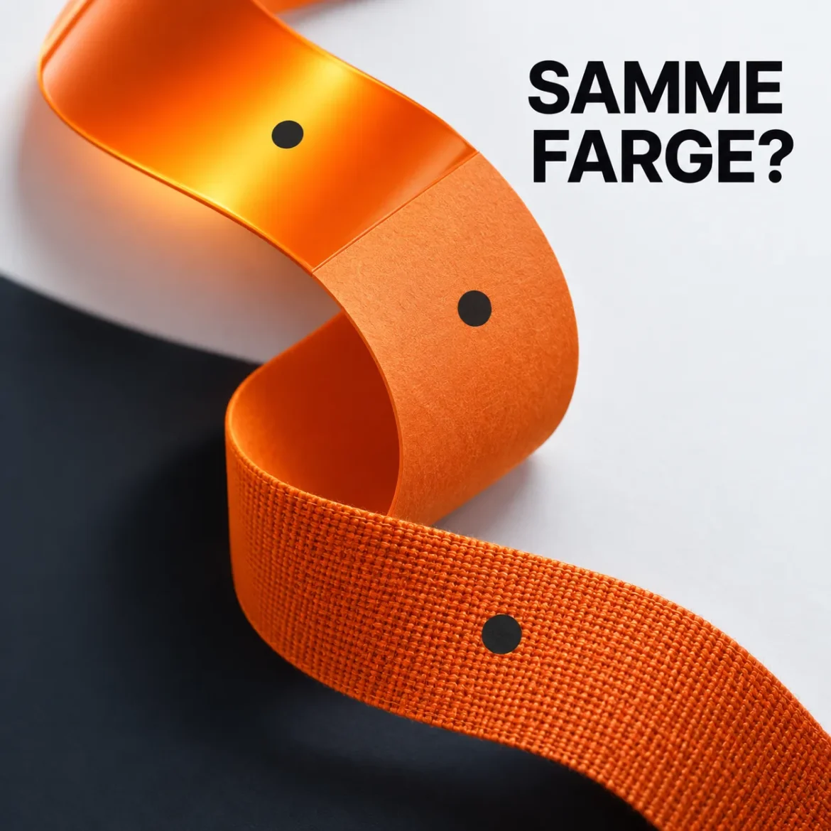 Et oransje bånd skifter uttrykk mellom lysende skjermflate, trykt papir og vevd stoff.